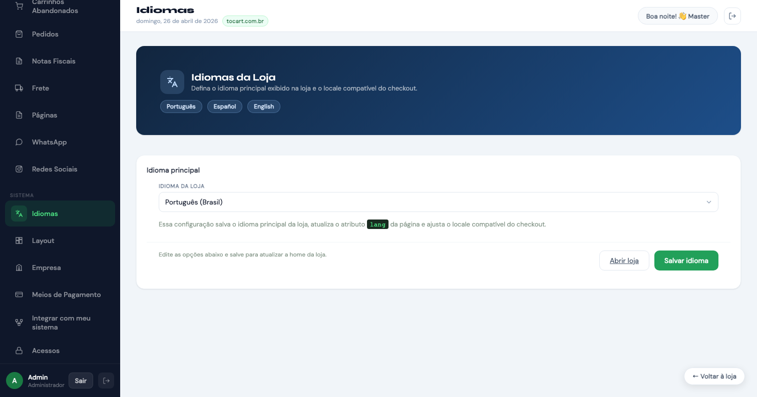 Painel de idiomas